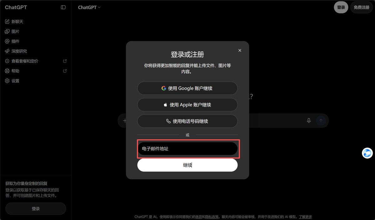 在登录弹窗中填写电子邮件地址，不要选择 Google、Apple 或电话号码登录