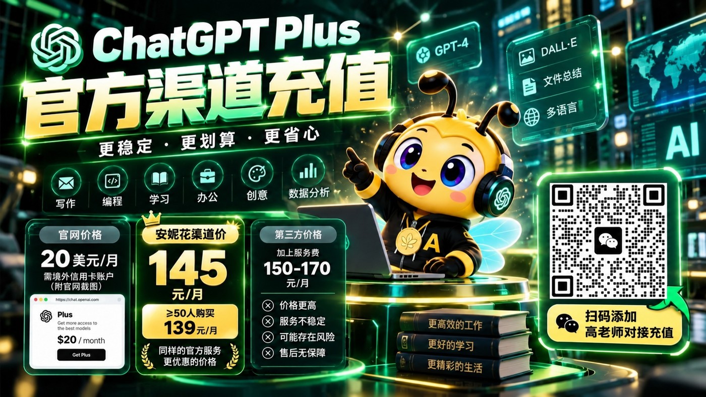 ChatGPT Plus 官方渠道充值：官网价 20 美元/月；安妮花渠道价 145 元/月，满 50 人 139 元/月；扫码添加高老师对接充值